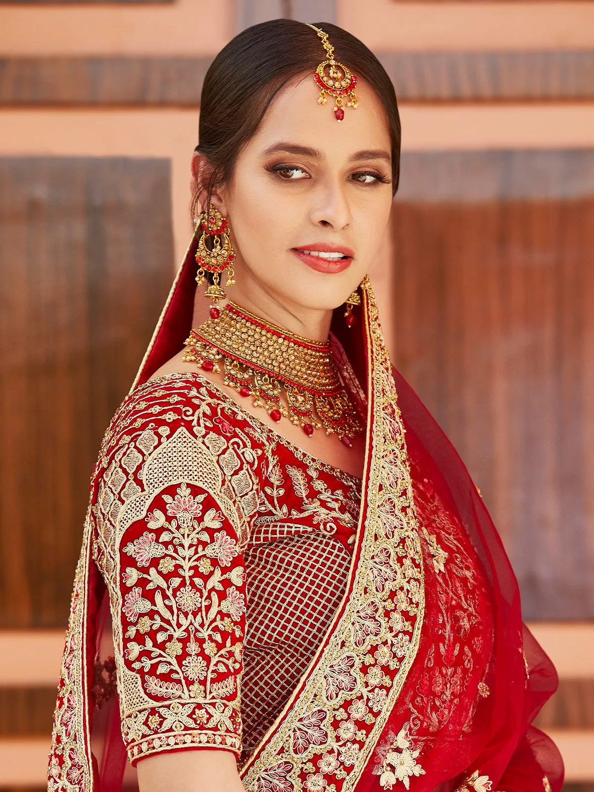 Red Elegant Semi Stitched Lehenga With  Unstitched Blouse