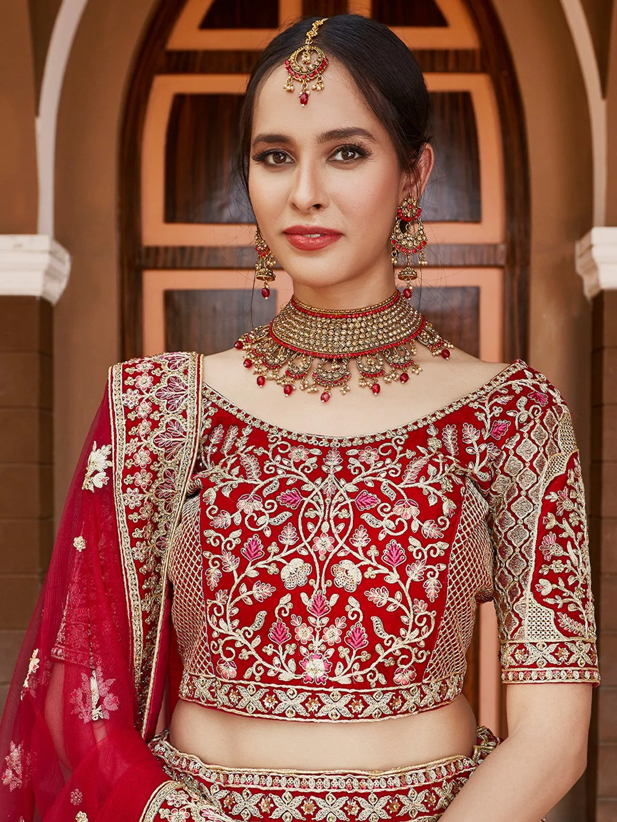 Red Elegant Semi Stitched Lehenga With  Unstitched Blouse