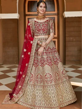 Red Elegant Semi Stitched Lehenga With  Unstitched Blouse