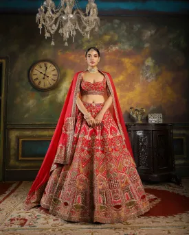 Red Raw Silk Hand Embroidered Lehenga Set