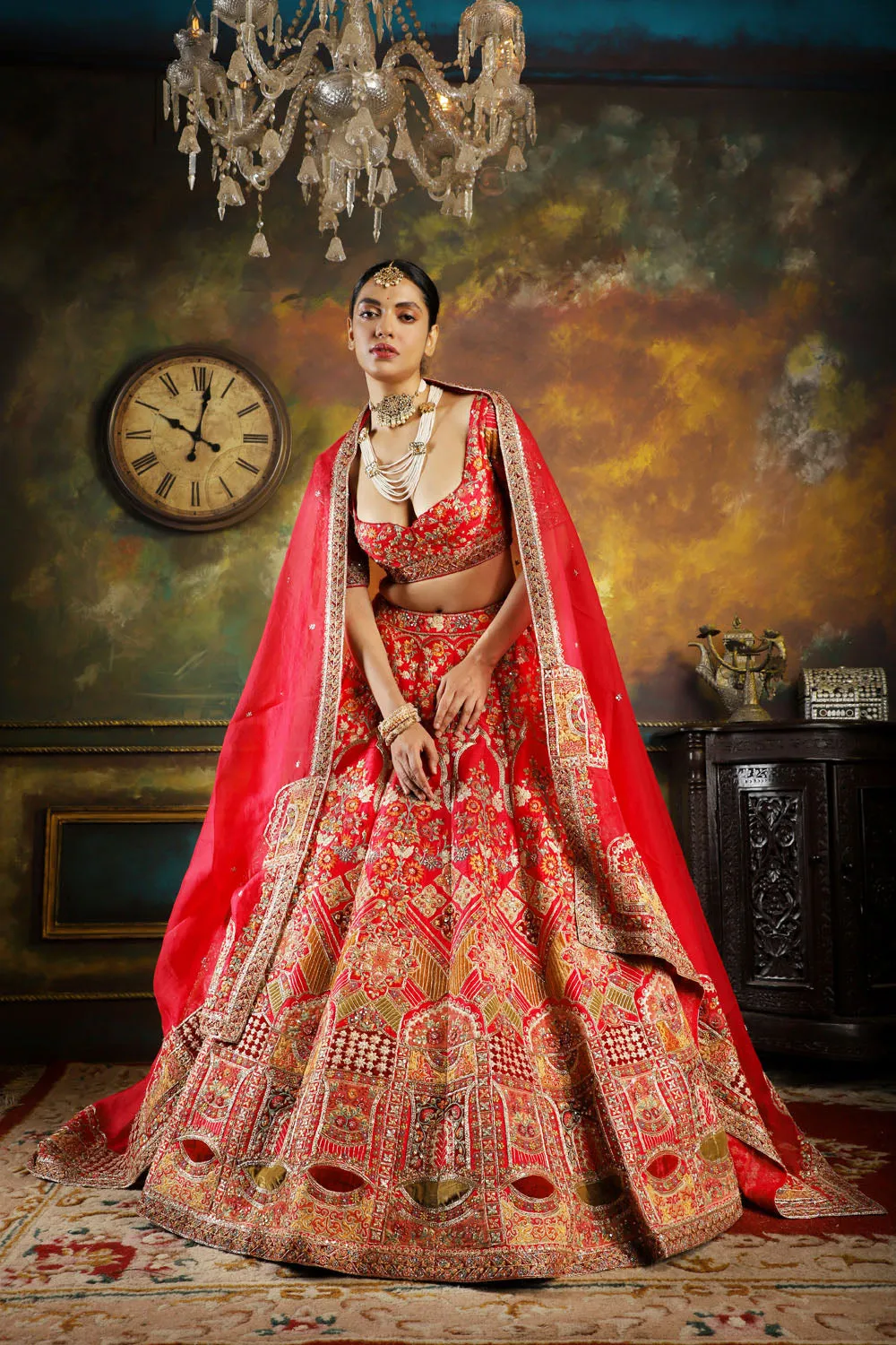 Red Raw Silk Hand Embroidered Lehenga Set