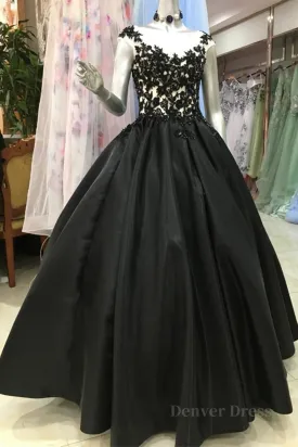 Round Neck Black Lace Floral Long Prom Dress Black Lace Formal Dress with Appliques Black Evening Dress