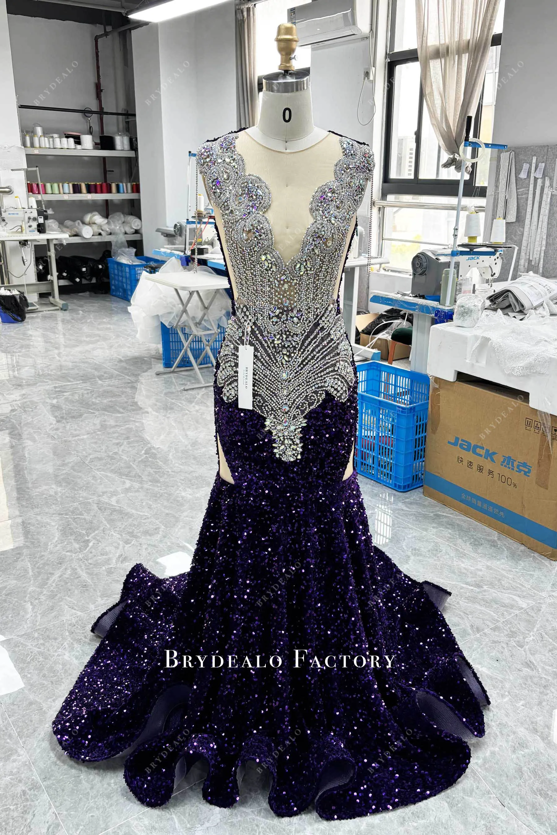Sparkly Galaxy Rhinestone Grape Purple Sequin Prom Dress