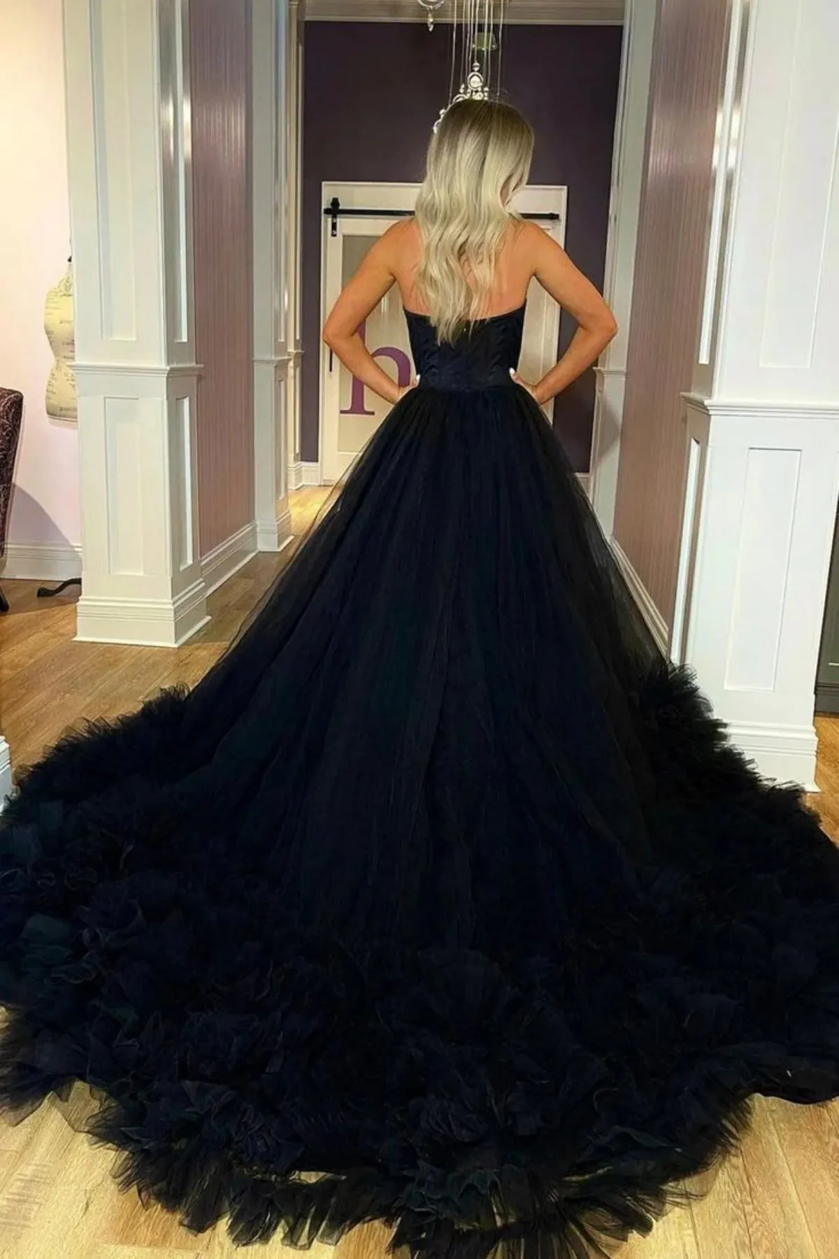 Strapless Black Tulle Long Prom Dress, Black Formal Evening Dress, Ball Gown A2075