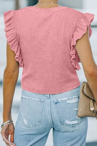 TEEK - Blush Pink Ruffled Neck Cap Sleeve Blouse