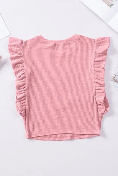 TEEK - Blush Pink Ruffled Neck Cap Sleeve Blouse