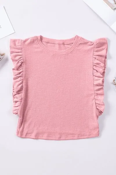 TEEK - Blush Pink Ruffled Neck Cap Sleeve Blouse