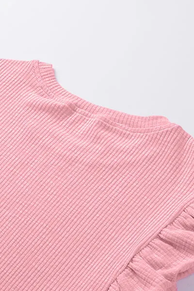 TEEK - Blush Pink Ruffled Neck Cap Sleeve Blouse