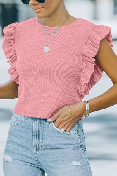 TEEK - Blush Pink Ruffled Neck Cap Sleeve Blouse