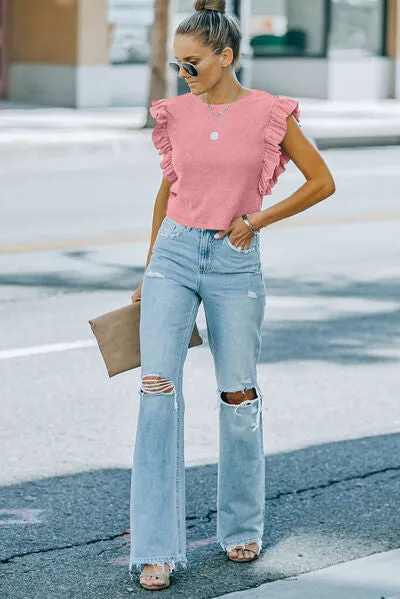 TEEK - Blush Pink Ruffled Neck Cap Sleeve Blouse