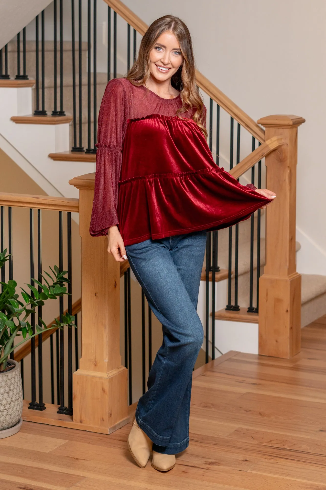 'Tis The Season Velvet Tiered Blouse - Burgundy