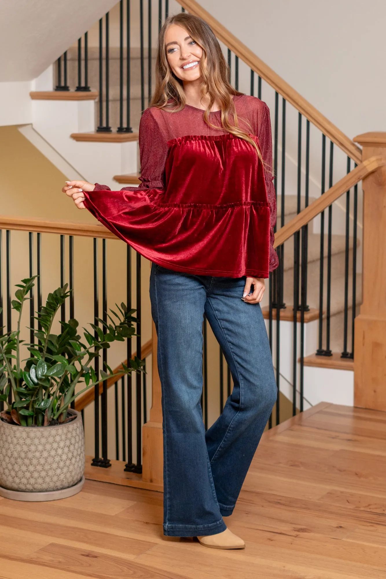 'Tis The Season Velvet Tiered Blouse - Burgundy