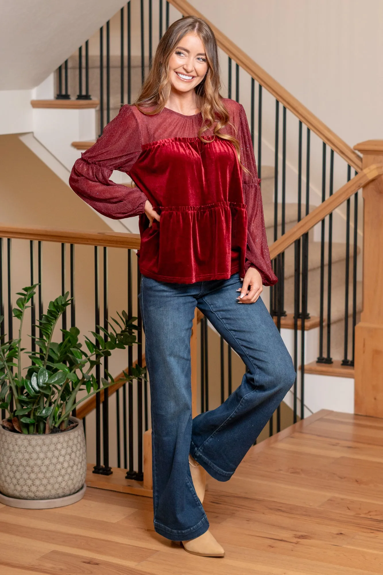 'Tis The Season Velvet Tiered Blouse - Burgundy