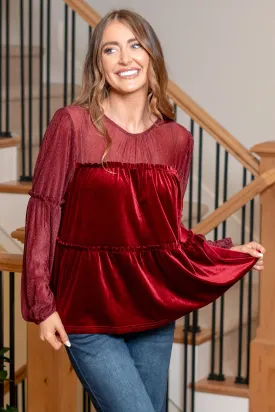 'Tis The Season Velvet Tiered Blouse - Burgundy