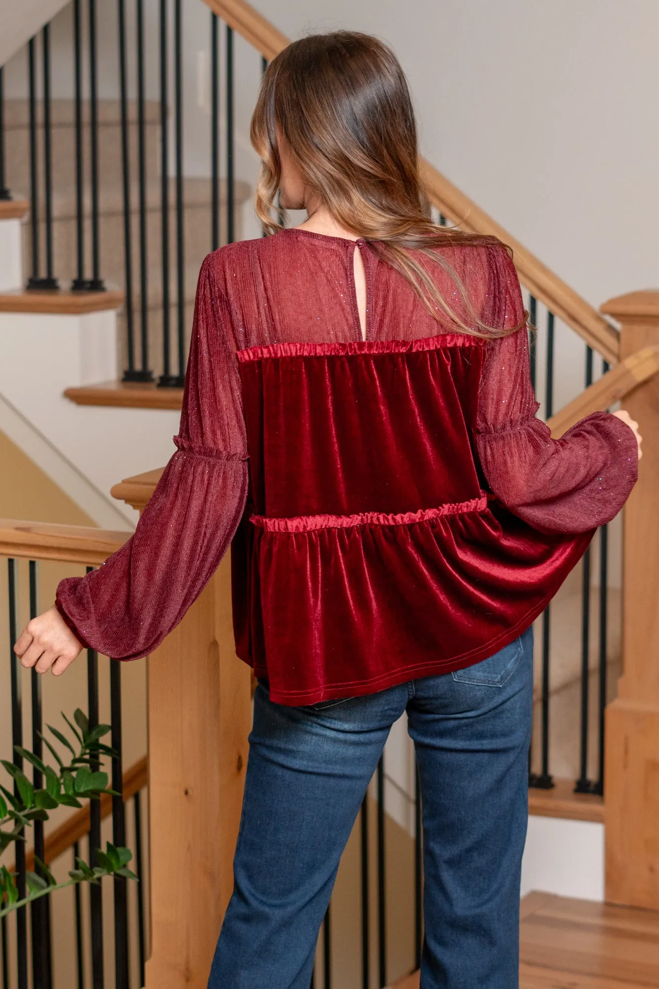 'Tis The Season Velvet Tiered Blouse - Burgundy