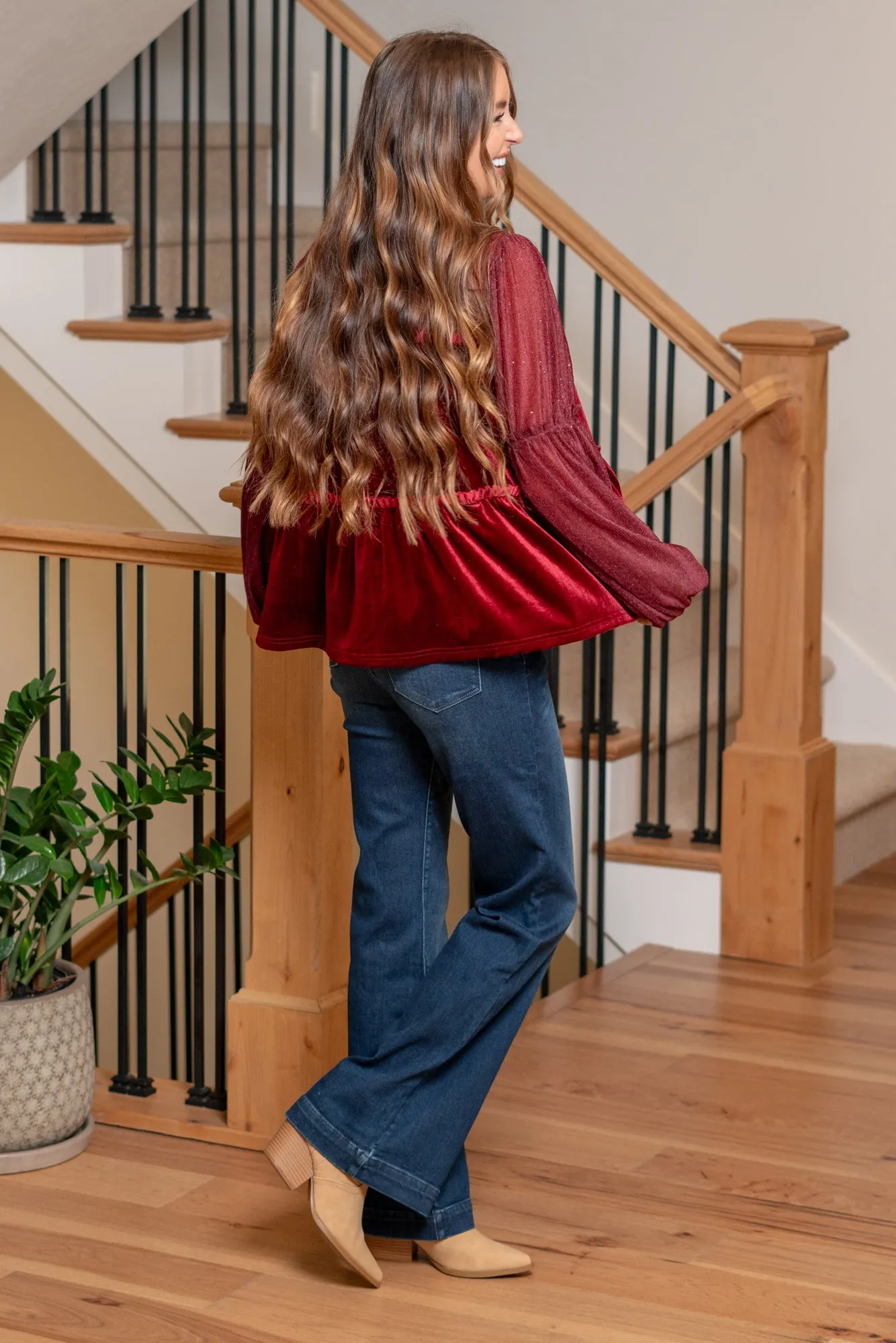 'Tis The Season Velvet Tiered Blouse - Burgundy