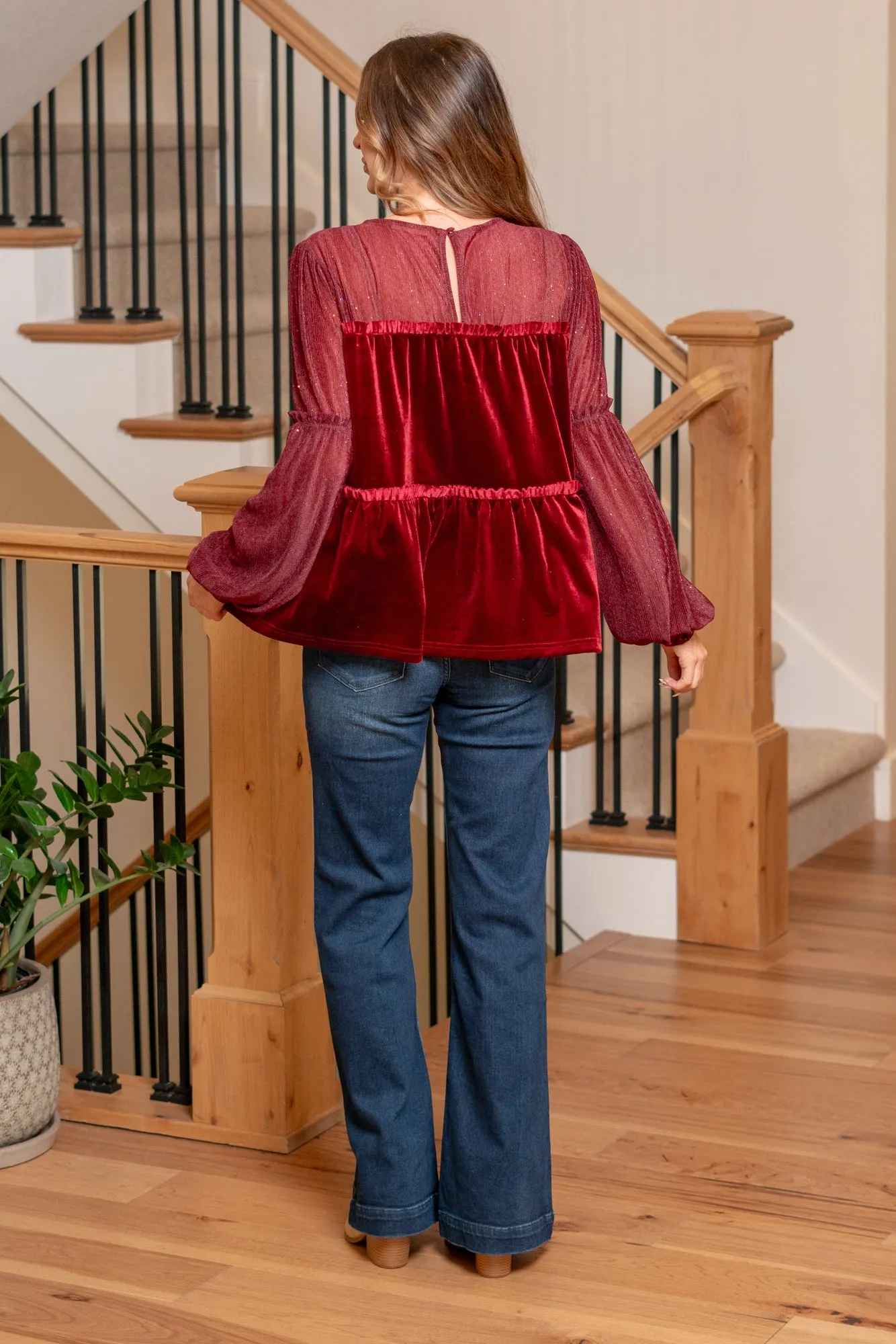 'Tis The Season Velvet Tiered Blouse - Burgundy