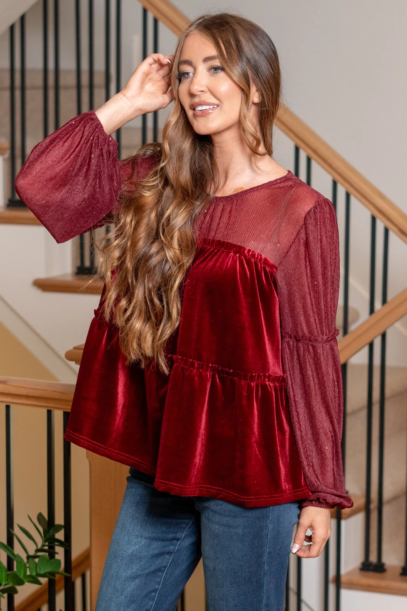 'Tis The Season Velvet Tiered Blouse - Burgundy