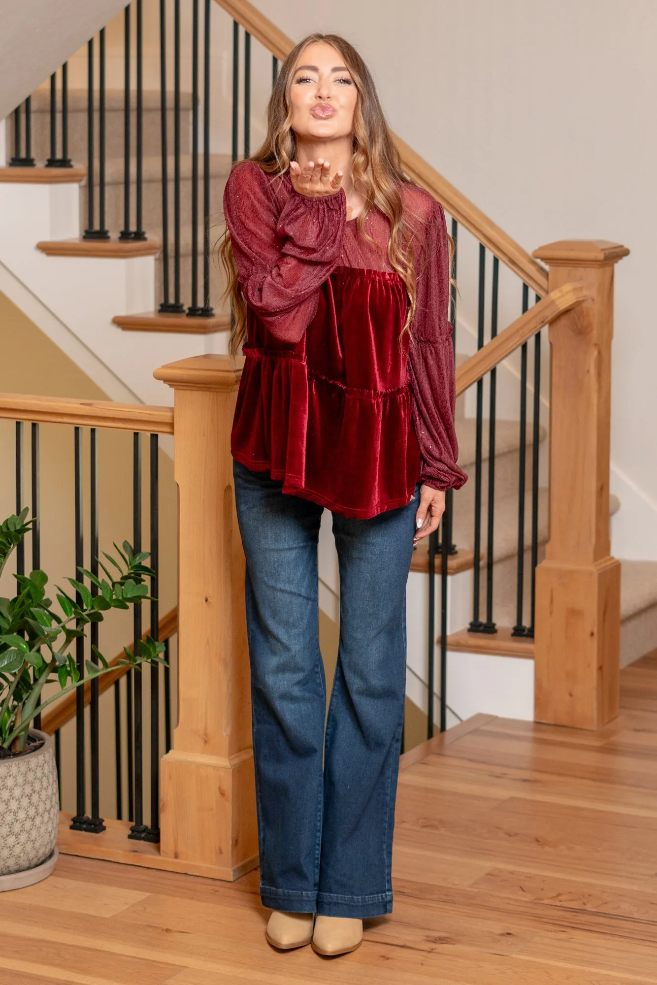 'Tis The Season Velvet Tiered Blouse - Burgundy