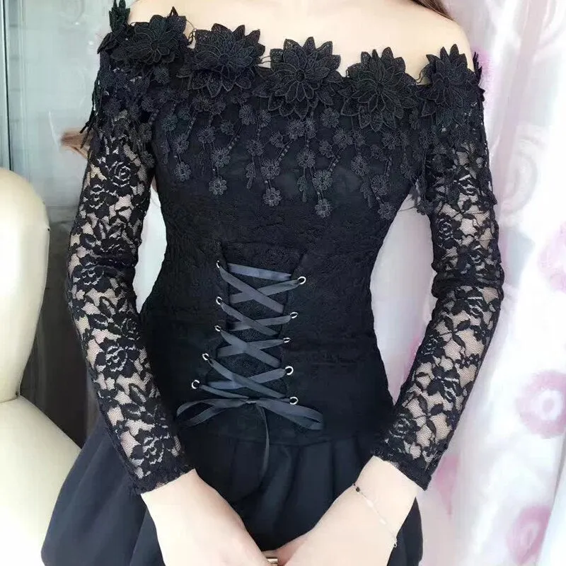 Trendy Floral Neckline Long Sleeve Lace Blouse