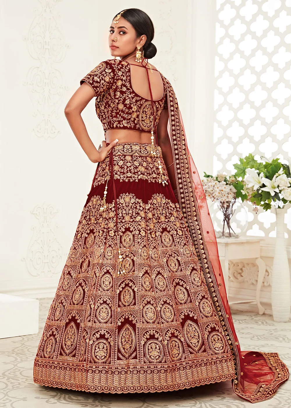 Trendy Red Velvet Embroidered Wedding Lehenga Choli