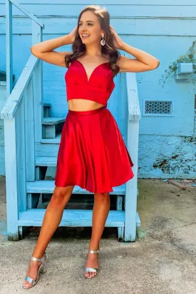 Two Piece Red Short Homecoming Dress with Bowknot