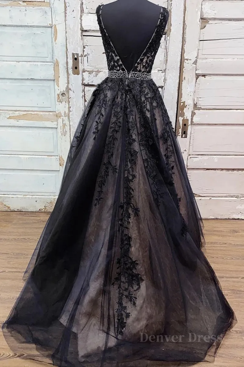 V Neck Backless Black Lace Long Prom Dress Black Lace Formal Dress Black Evening Dress