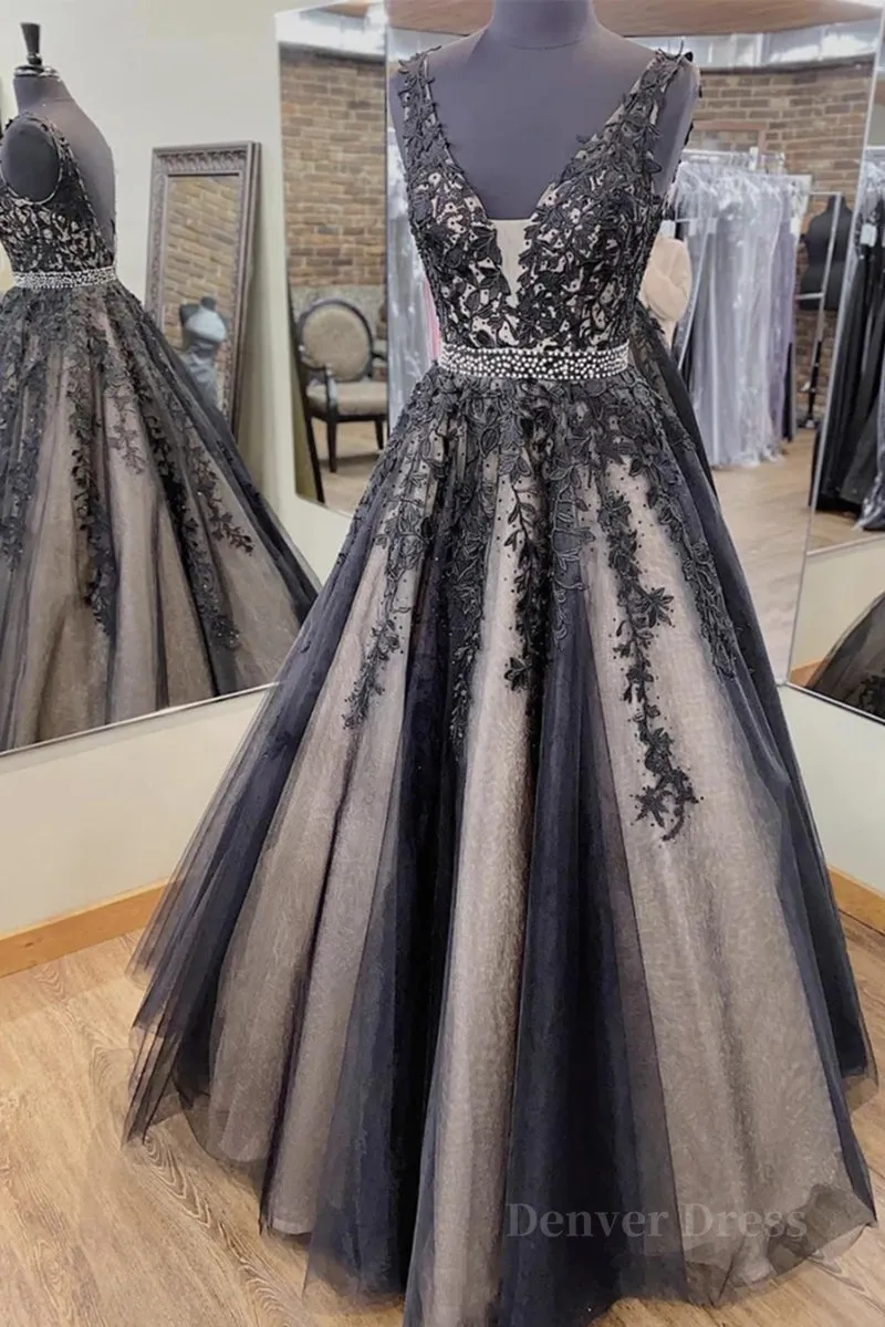 V Neck Backless Black Lace Long Prom Dress Black Lace Formal Dress Black Evening Dress