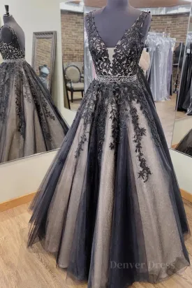 V Neck Backless Black Lace Long Prom Dress Black Lace Formal Dress Black Evening Dress