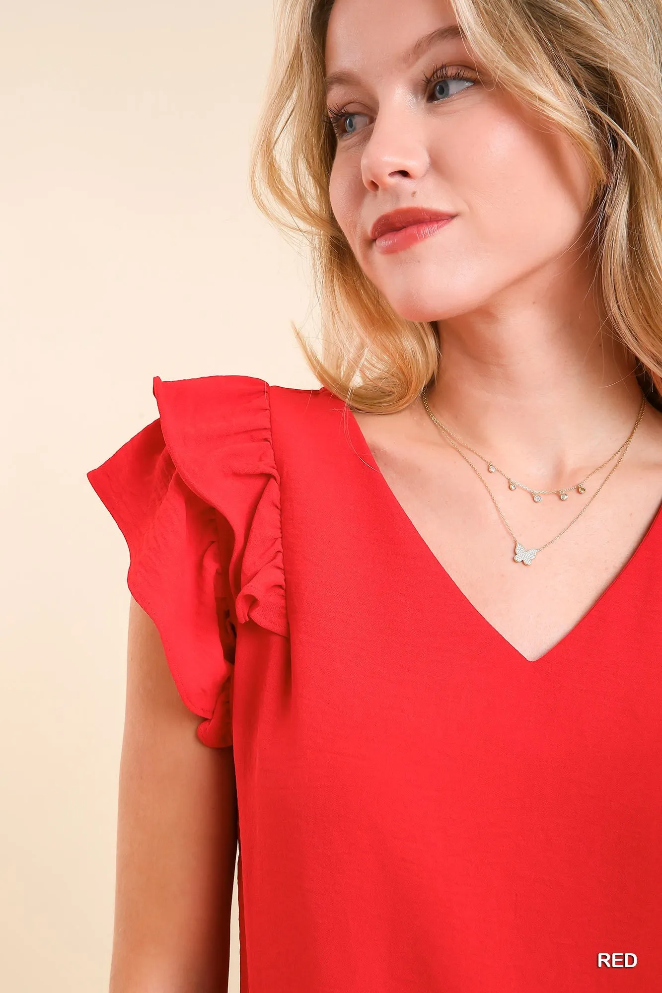 V-Neck Double Layered Flutter Sleeve Blouse with No Lining