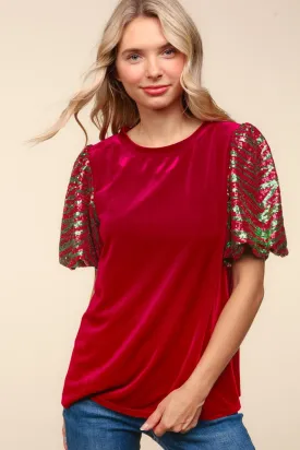 Velvet Sequin Sleeve Top - Christmas Red & Green