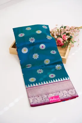 Venkatgiri Saree- Peacock Blue and Red W/silver Zari (Attached Blouse Material)