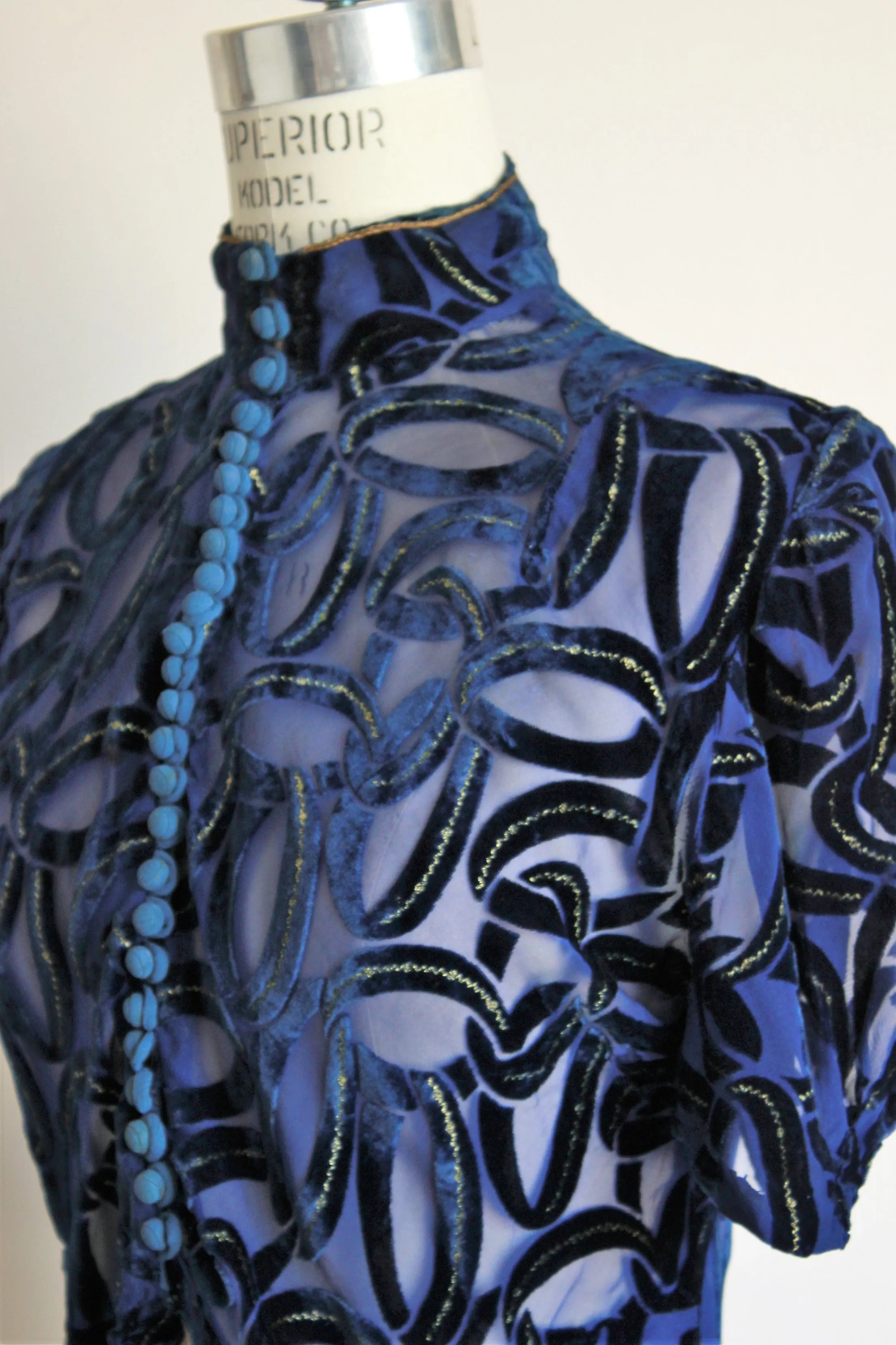 Vintage 1930s Blue Burnout Velvet Blouse with Gold Trim