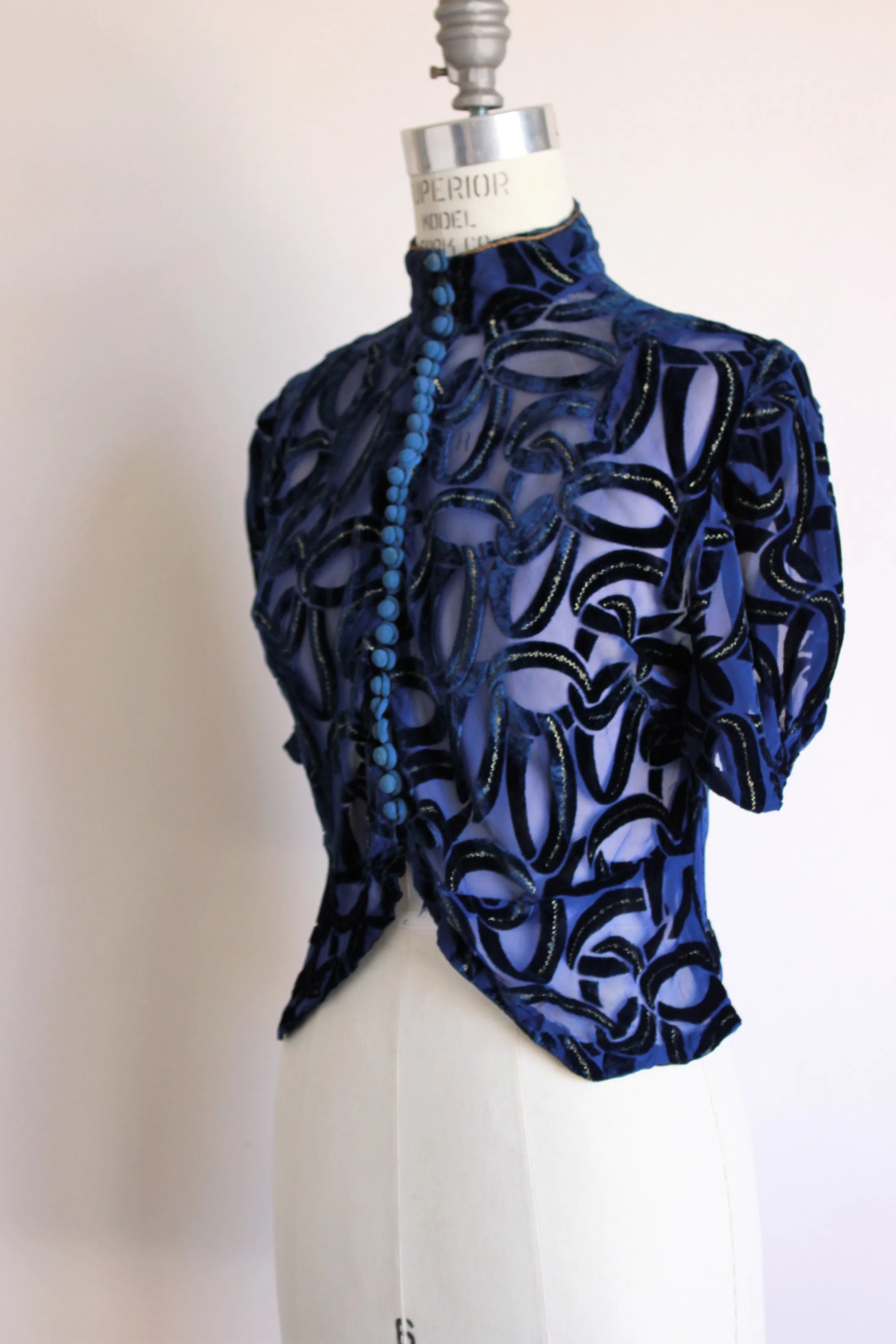 Vintage 1930s Blue Burnout Velvet Blouse with Gold Trim