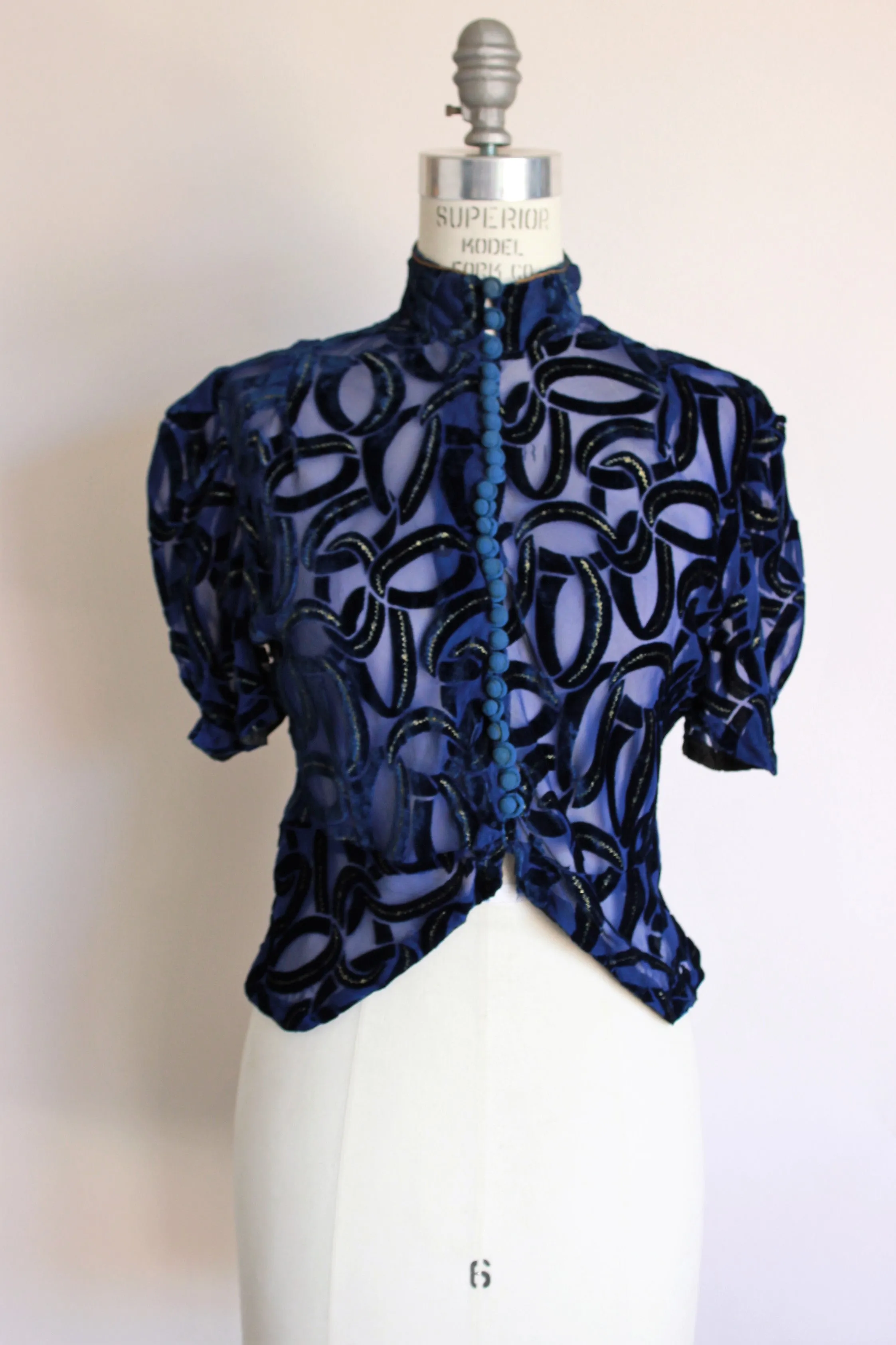 Vintage 1930s Blue Burnout Velvet Blouse with Gold Trim