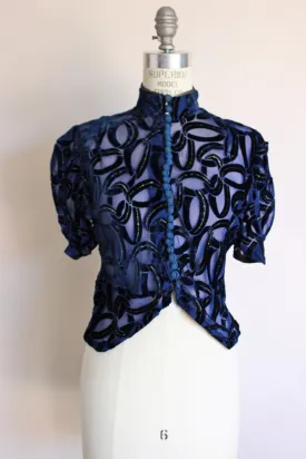 Vintage 1930s Blue Burnout Velvet Blouse with Gold Trim