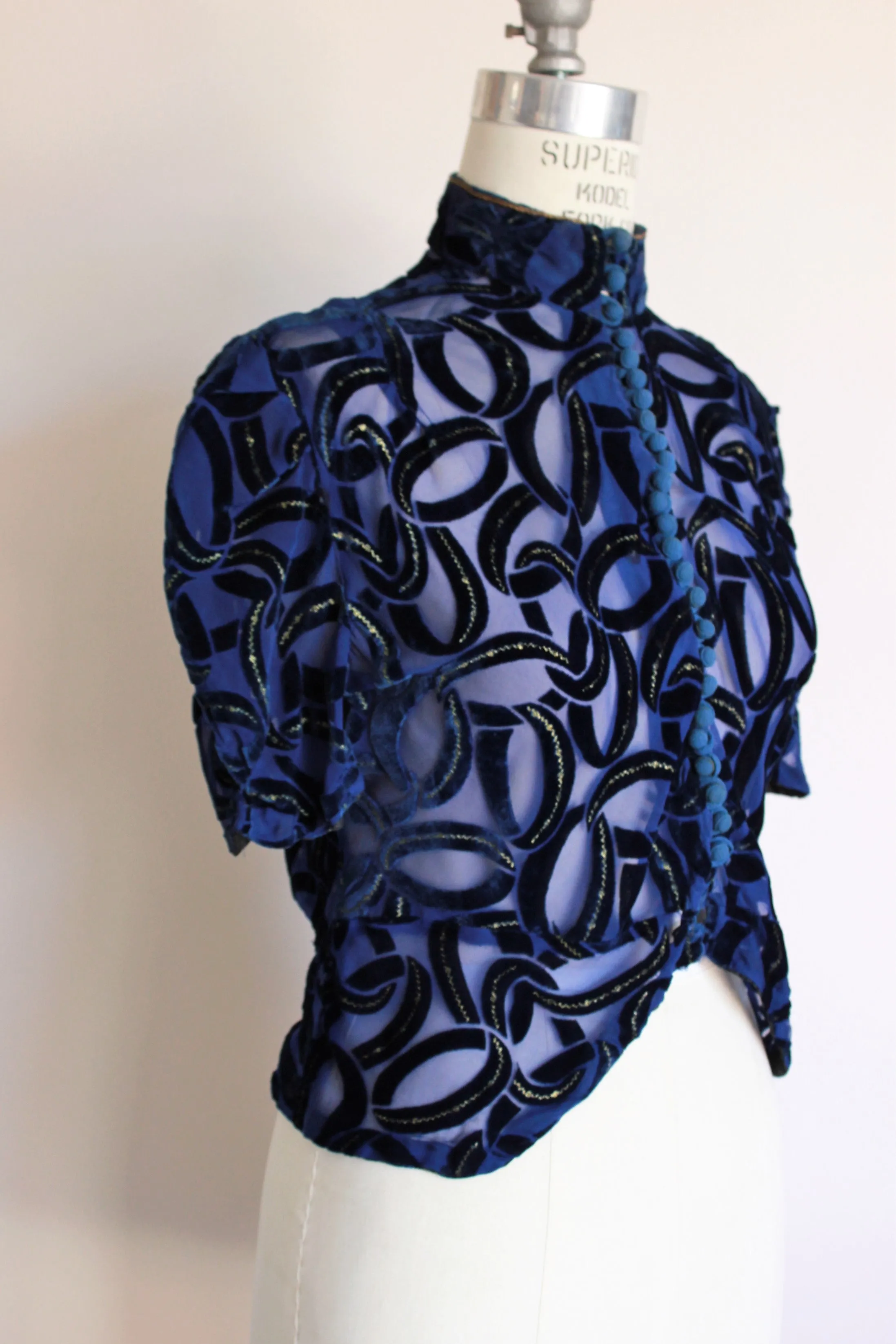 Vintage 1930s Blue Burnout Velvet Blouse with Gold Trim