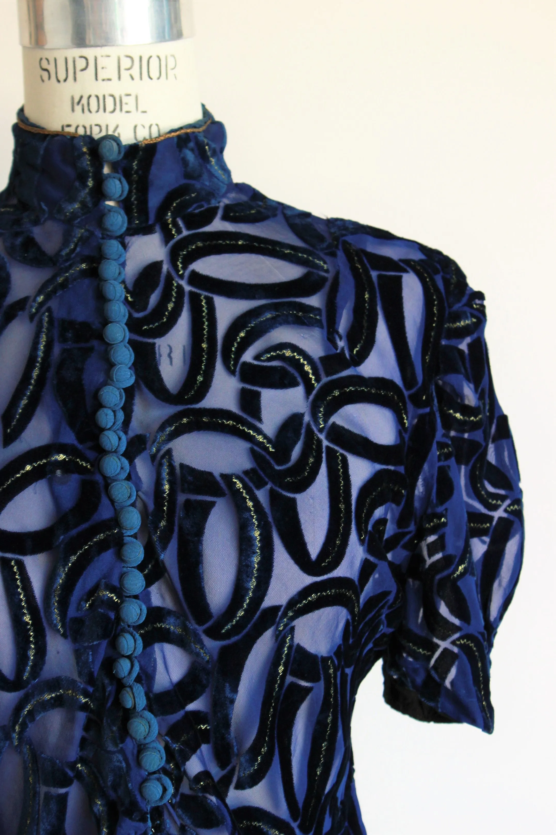 Vintage 1930s Blue Burnout Velvet Blouse with Gold Trim