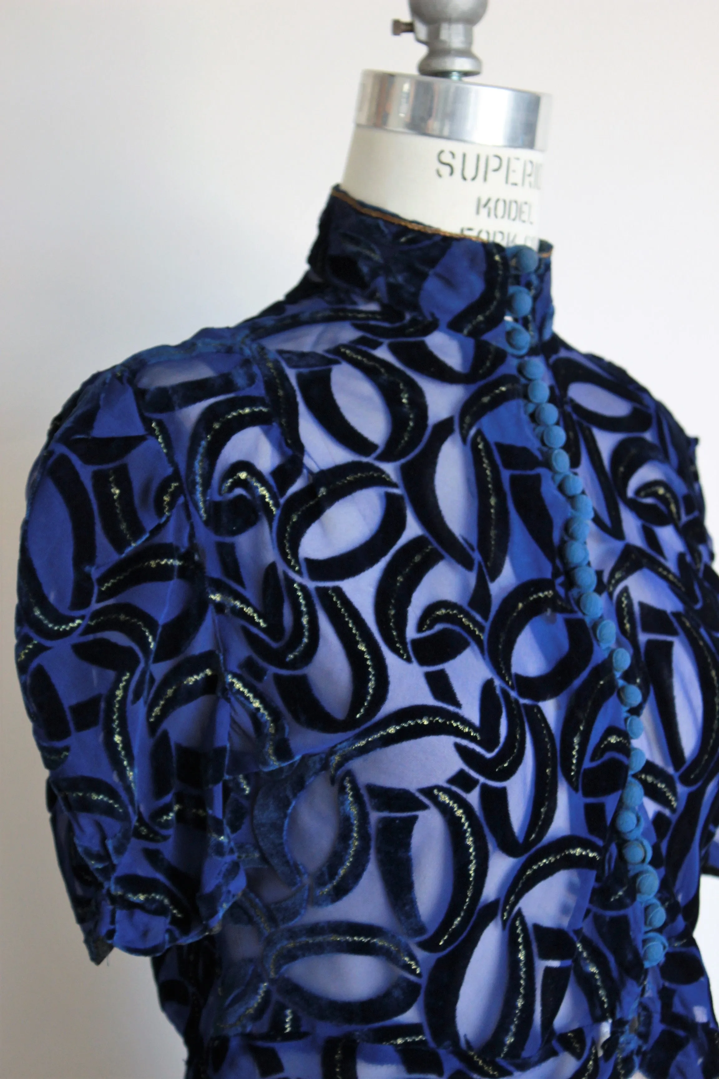 Vintage 1930s Blue Burnout Velvet Blouse with Gold Trim