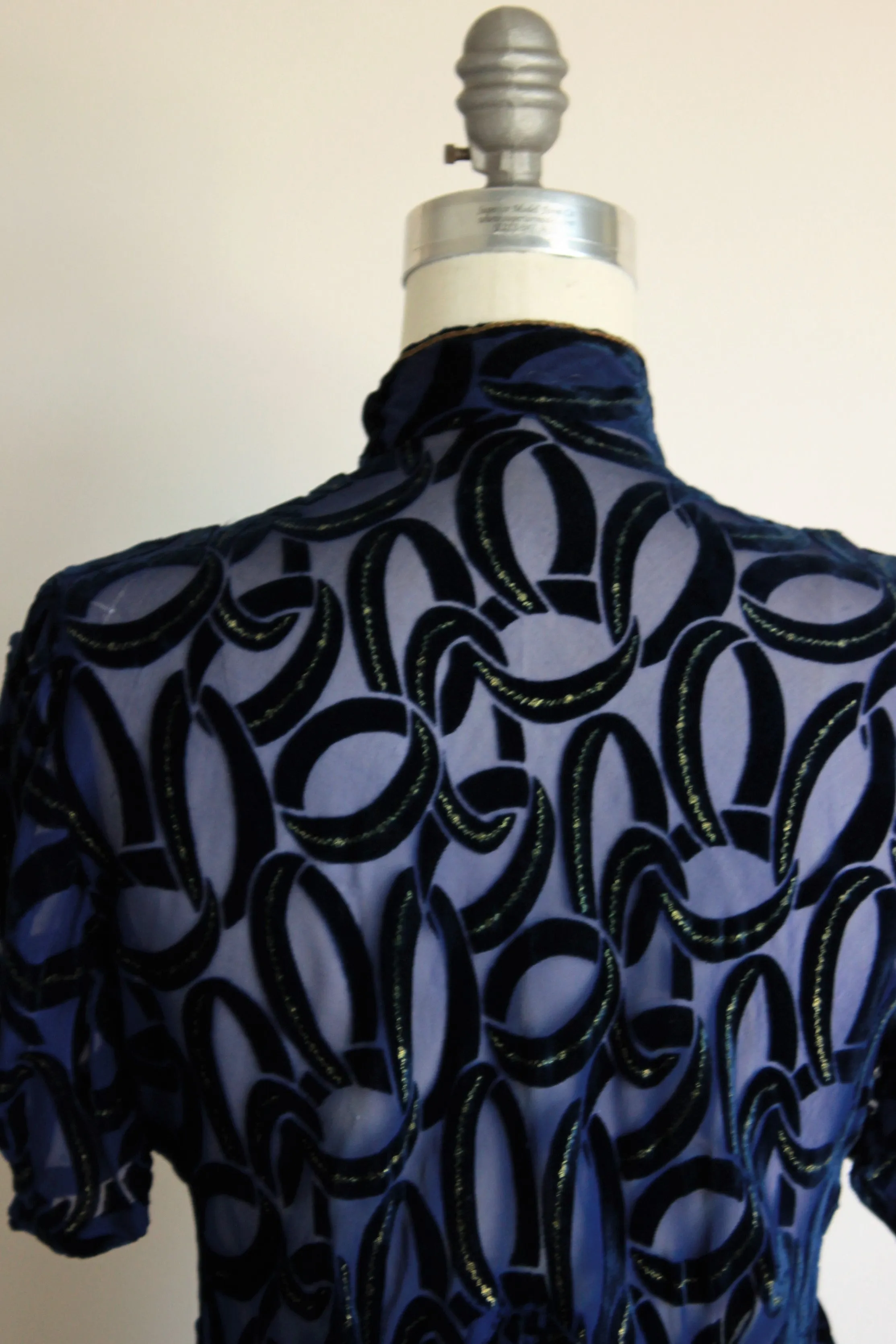 Vintage 1930s Blue Burnout Velvet Blouse with Gold Trim