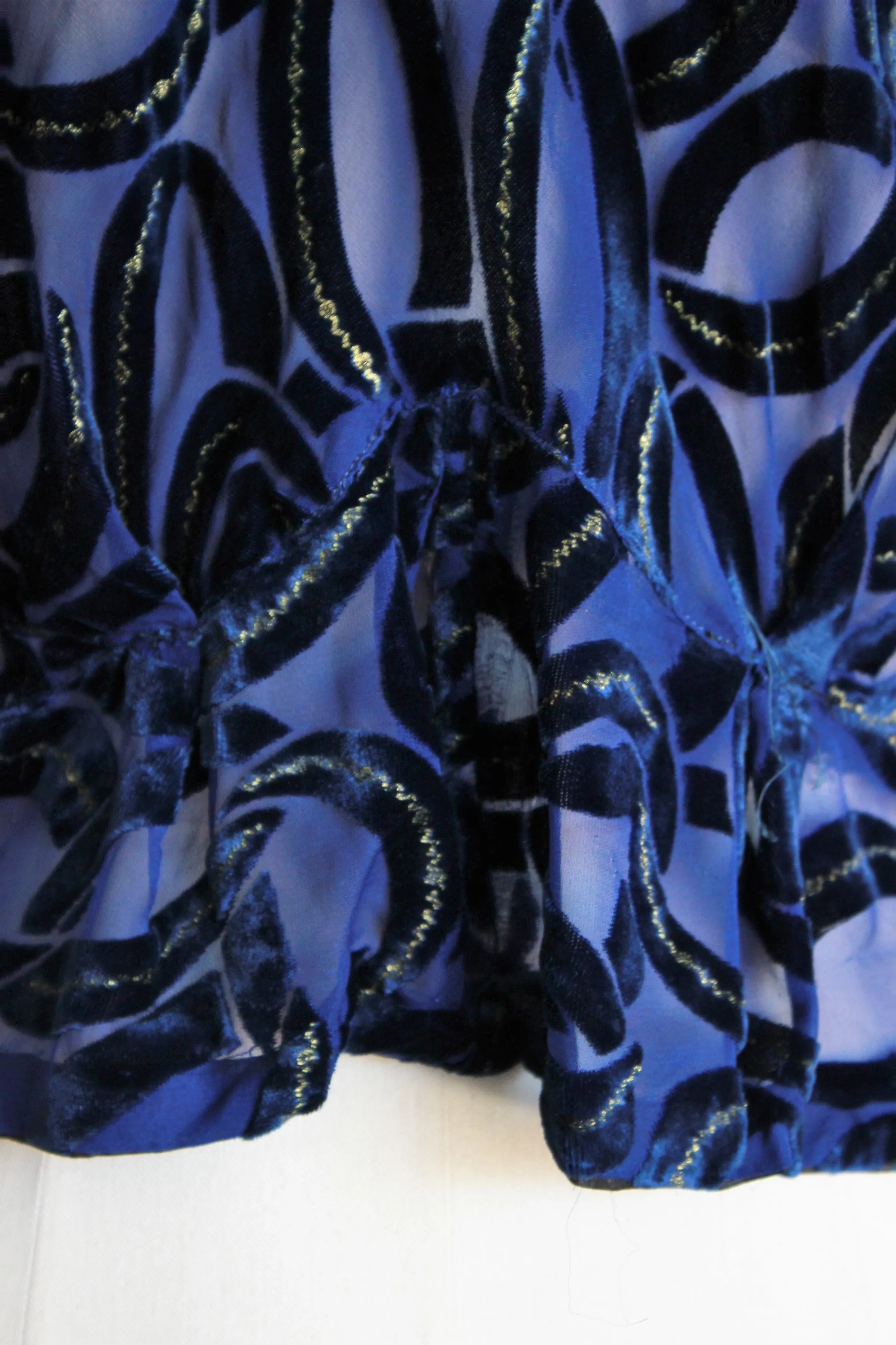 Vintage 1930s Blue Burnout Velvet Blouse with Gold Trim