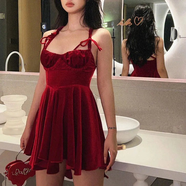 Vintage Aesthetic Red Velvet Mini Dress