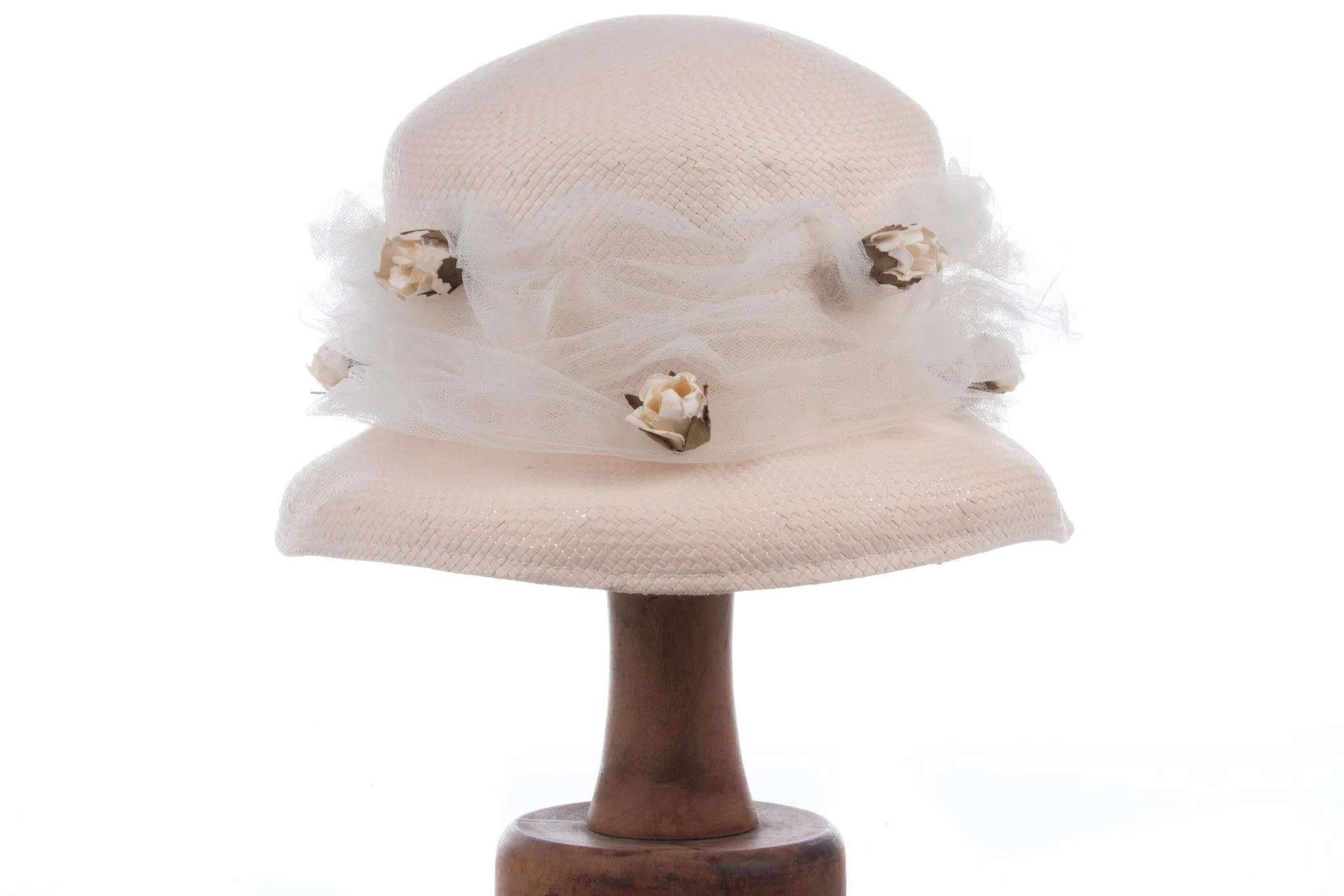 Vintage White Summer Wedding Hat with Netting and Flowers 55cm