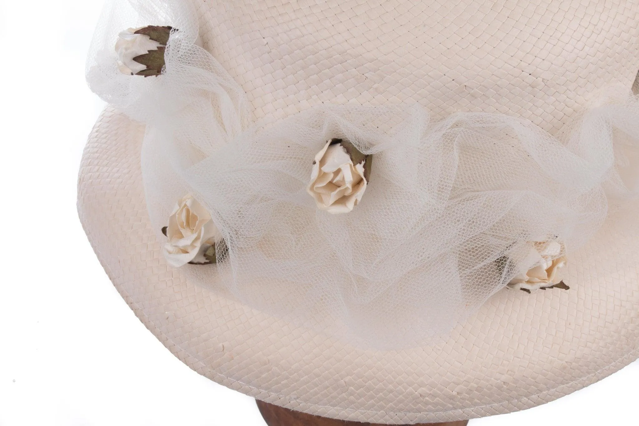 Vintage White Summer Wedding Hat with Netting and Flowers 55cm