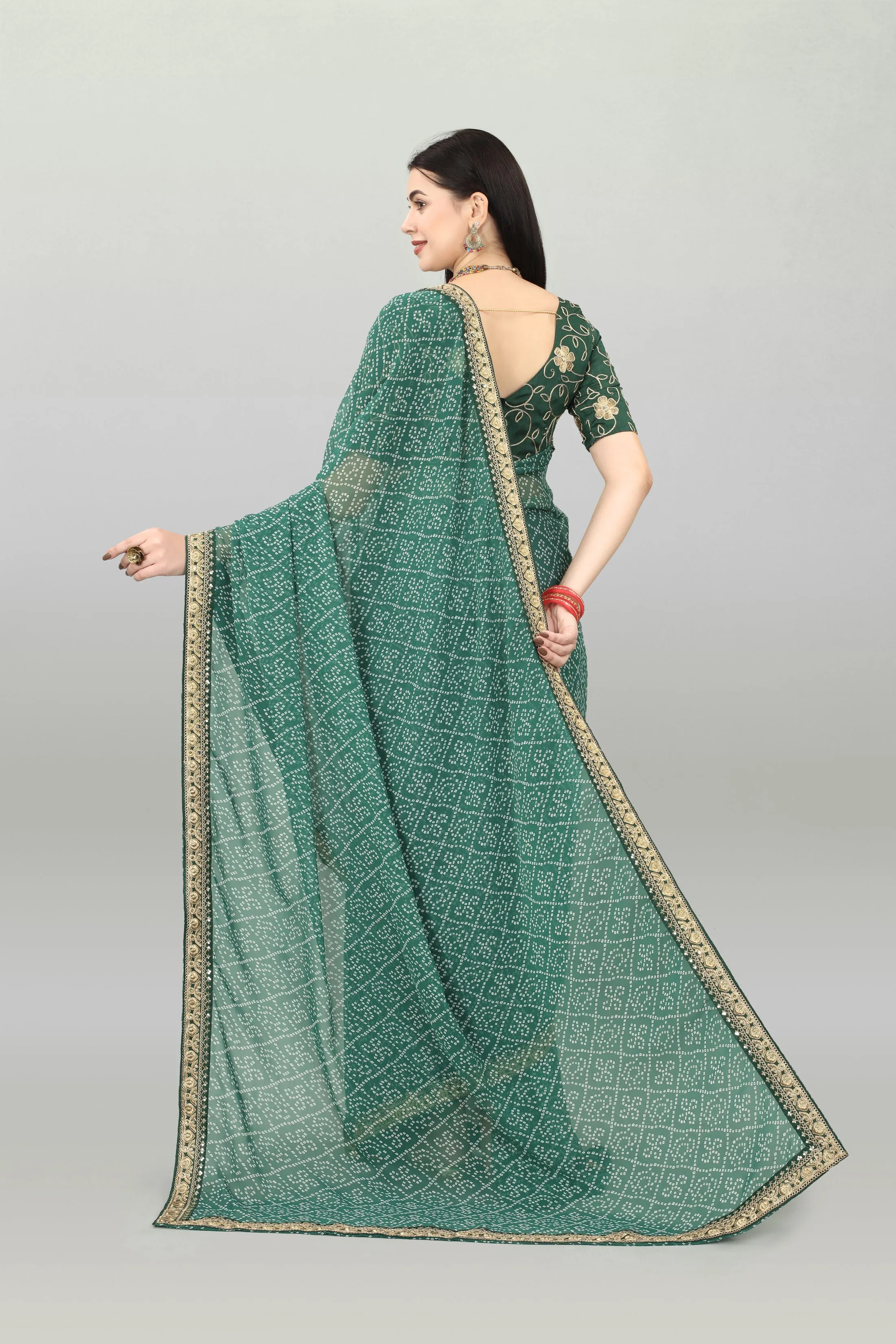 Women Party Wear Bandhani Printed Green Colour Georgette Saree Collection
