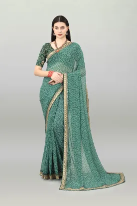 Women Party Wear Bandhani Printed Green Colour Georgette Saree Collection