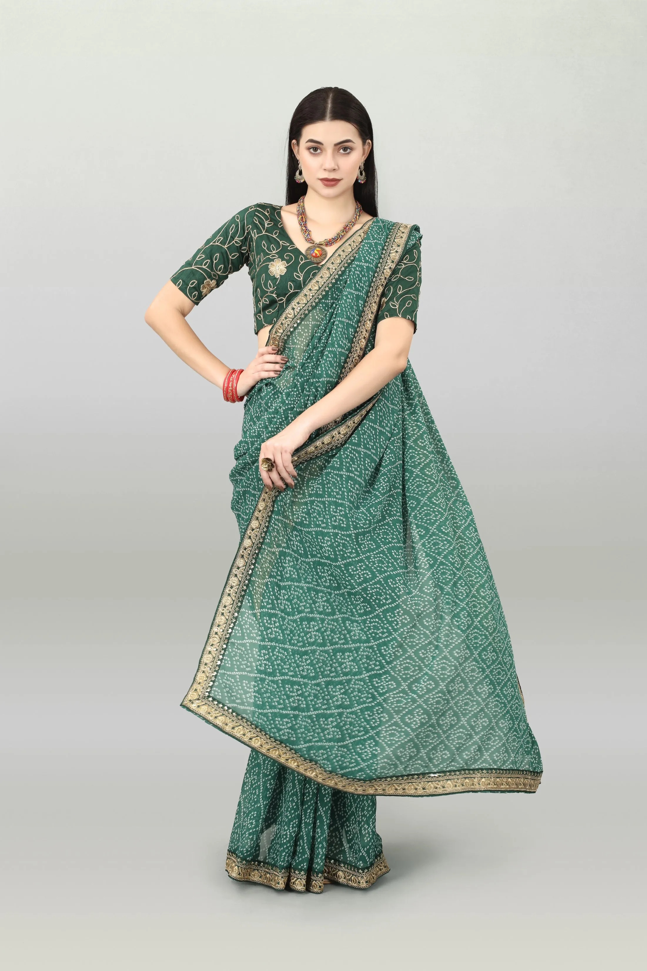 Women Party Wear Bandhani Printed Green Colour Georgette Saree Collection