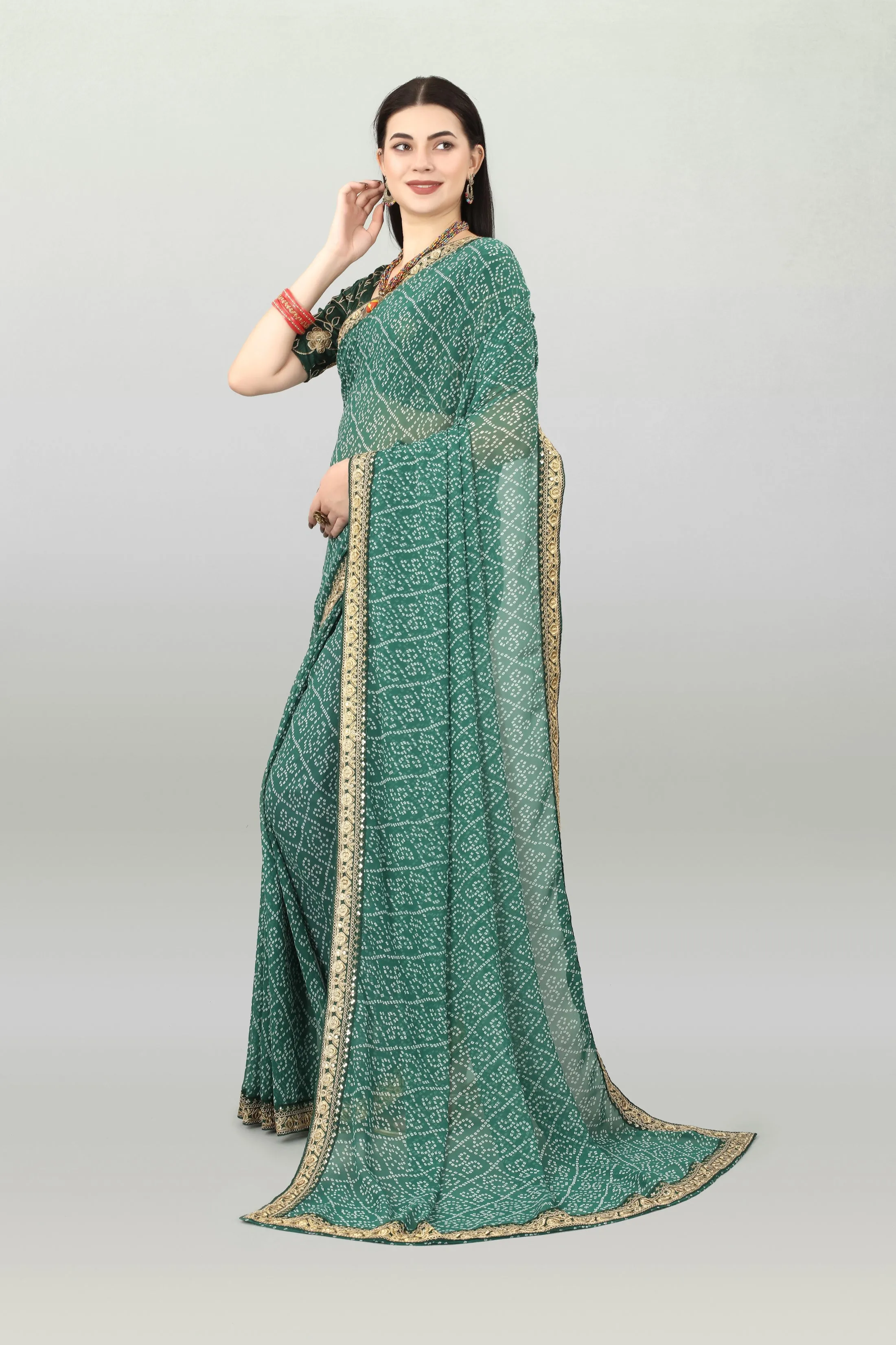 Women Party Wear Bandhani Printed Green Colour Georgette Saree Collection