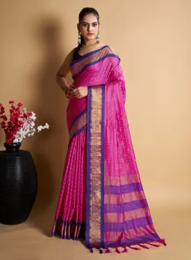 Women Party Wear Designer Pink Color Chex Pattern Silk Blend Saree Collection
