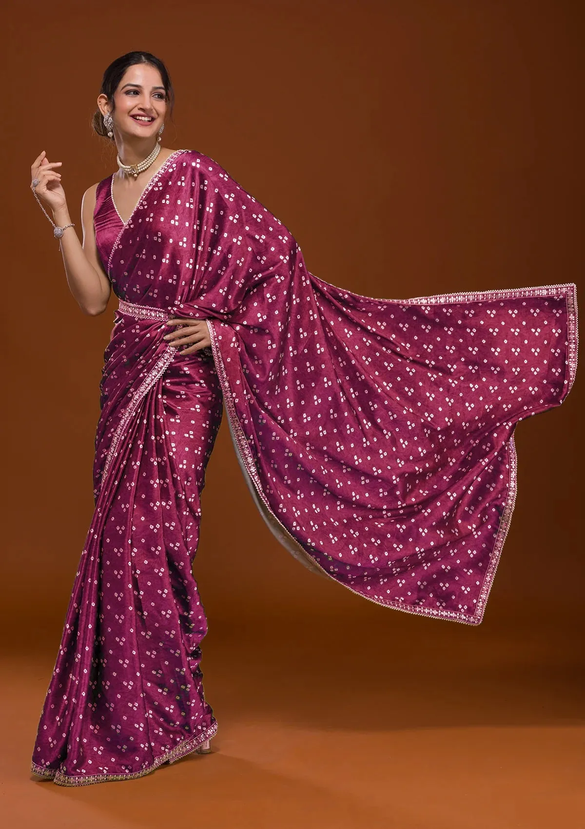 Women Party Wear Designer Pink Colour Satin Fabric Bandhani Printed with Sequence Worked Lace Border